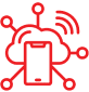Red smartphone icon with circuit-like connections around it.